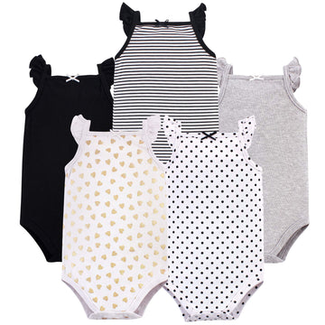 Hudson Baby Unisex Baby Cotton Sleeveless Bodysuits T Shirt Set, Basic Black Gold, 0-3 Months Us