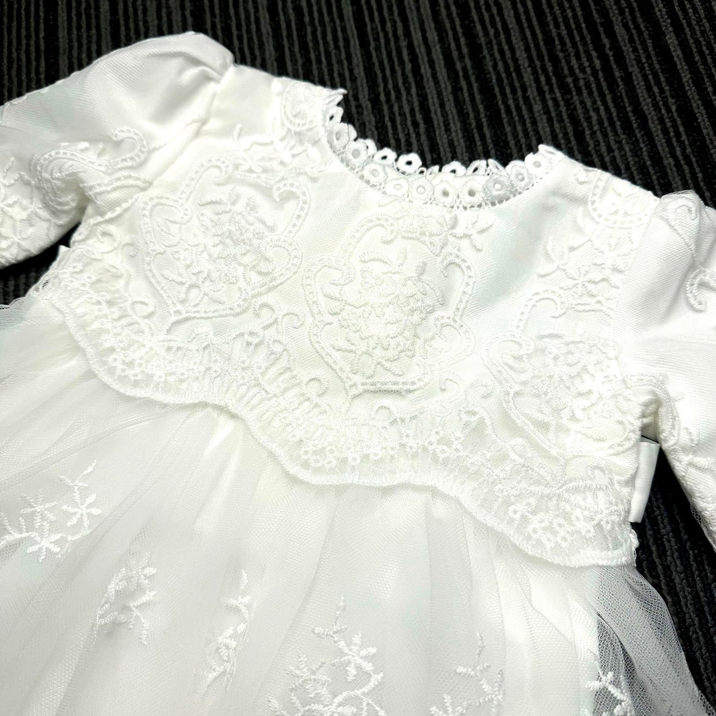 Baby Girls Long Sleeve Christening Dress Classic Embroidered Baptism Tulle Dress With Bonnet Ivory Size 6M