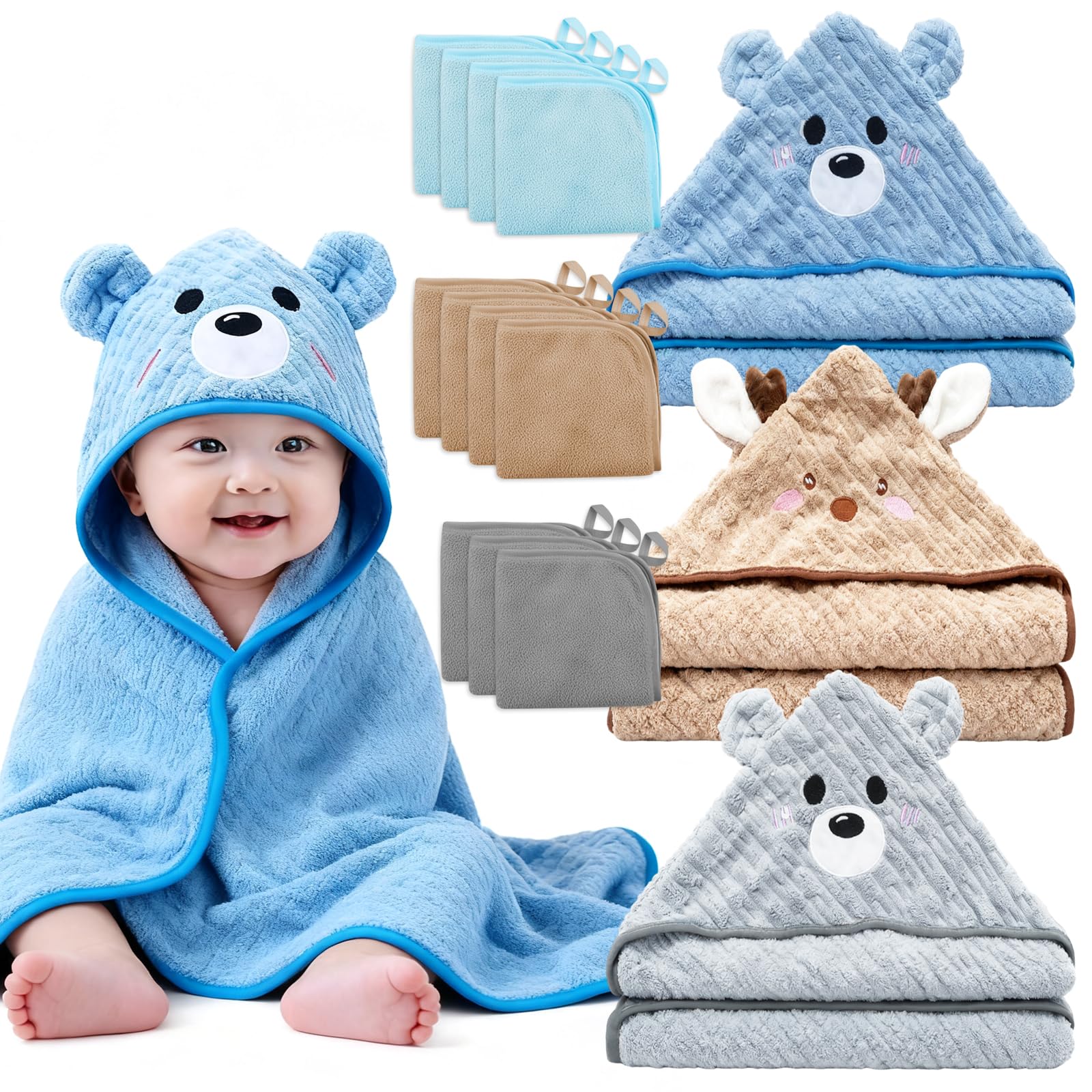 14 PCS Thicken Baby Towels Set, 3 PCS Soft Hooded Baby Towels & 11 PCS Washcloths, Baby Bath Towels for Newborns, Infants & Todd