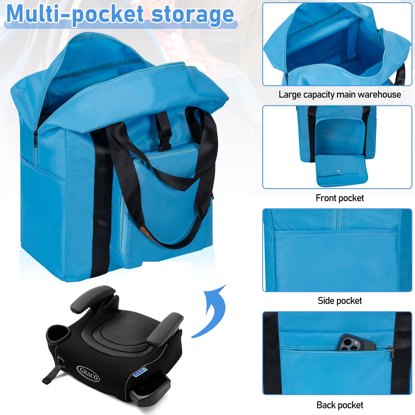 Toribio Backless Booster Car Seat Travel Bag, For Gb Pockit, Tote Bag Strollers Bags For Airplane Gate Check, Blue