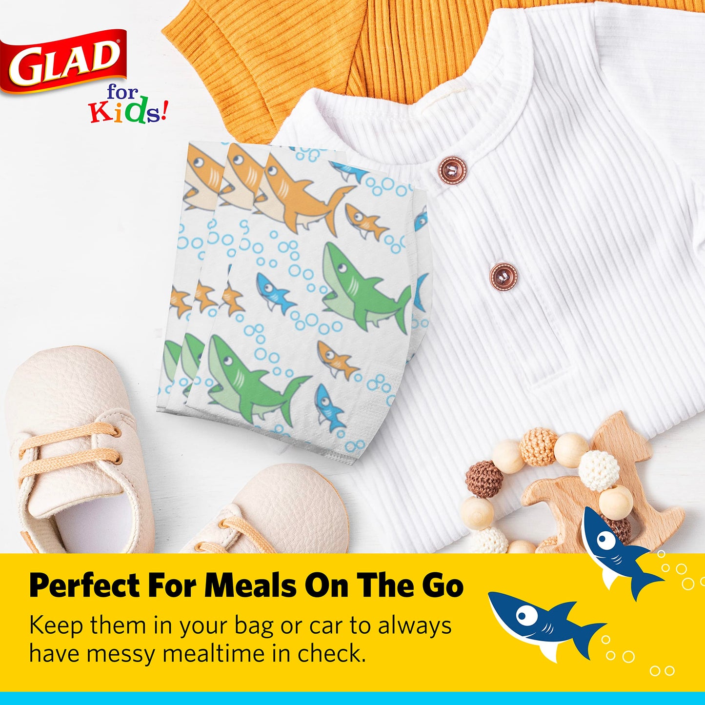 Glad For Kids Shark Disposable Paper Bibs With Crumb Catcher For Feeding - Absorbent And Leakproof Eating And Travel Essentials