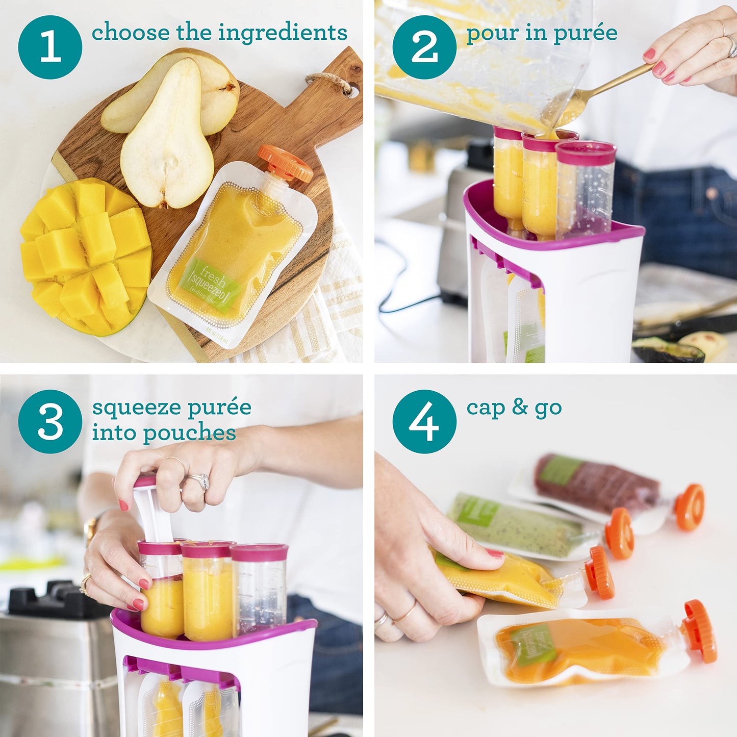 Infantino Squeeze Station, Baby Food Maker & Pouch Filler, Fill 3 Reusable Pouches at Once, Easy to Use, Dishwasher Safe, Homema