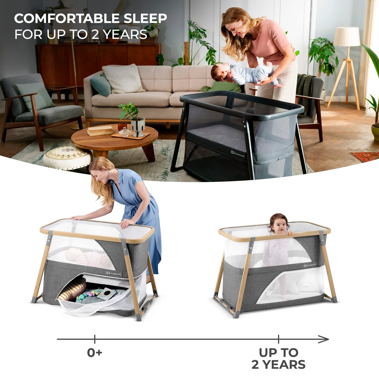Kinderkraft Sofi Portable Travel Crib For Baby, Convertible Sleeping Cot 4 In 1 With Easy To Pack Playpen, Comfortable Bassinet