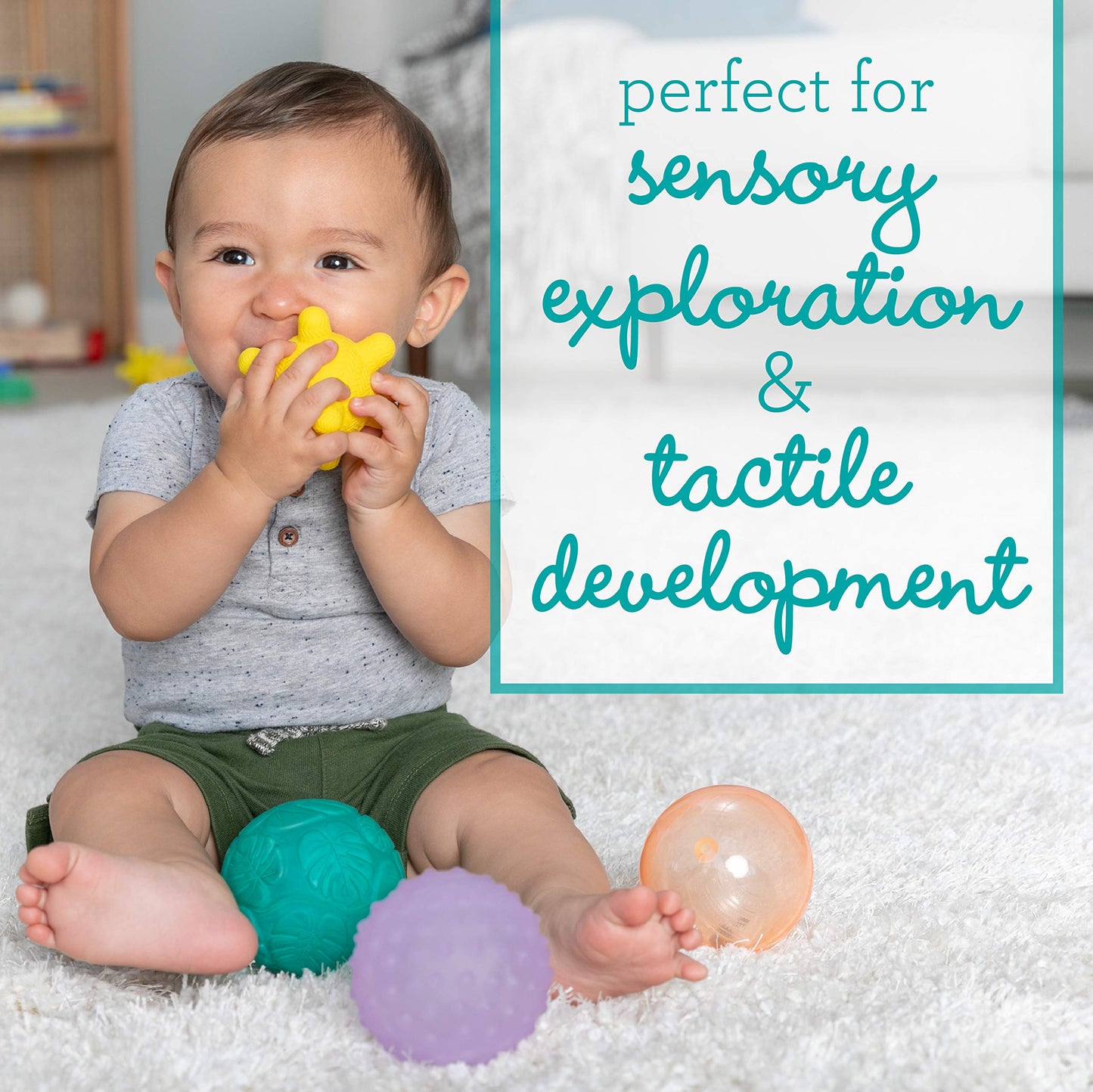 Infantino Activity Ball Set Music & Lights - 4 Colorful, Bouncy, & Multi-Textured Balls for Fine Motor Development for Little Ha