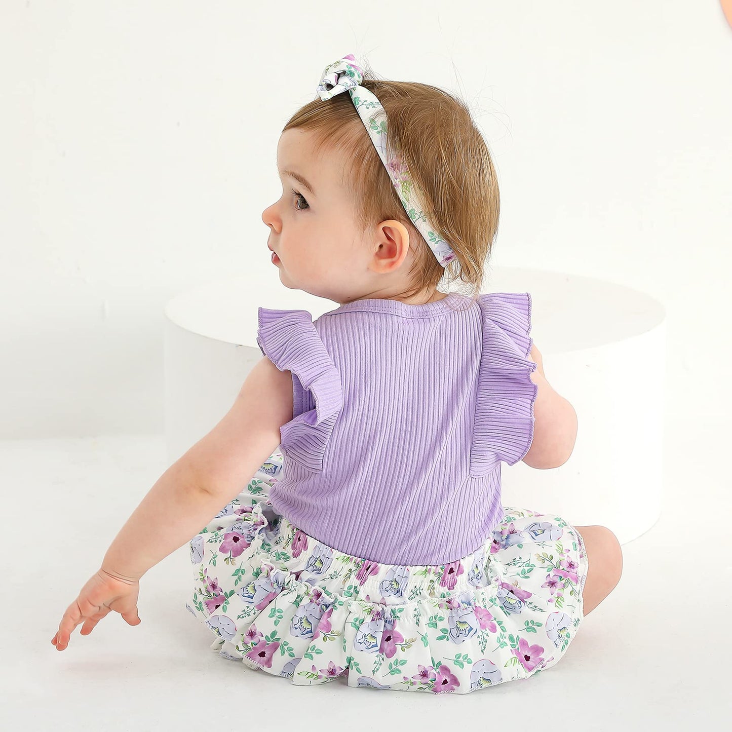 Tiny Cutey Baby Girl Clothes Infant Summer Outfits Set Ruffle Sleeve Romper And Floral Shorts With Headband (Purple Romper And R