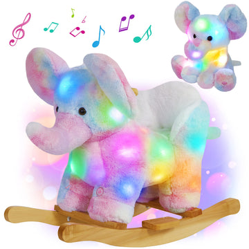 Glow Guards Light up Musical Elephant Baby Rocking Horse Set of 2 with Rainbow Elephant Plush Toy Baby Wooden Chair for Toddlers