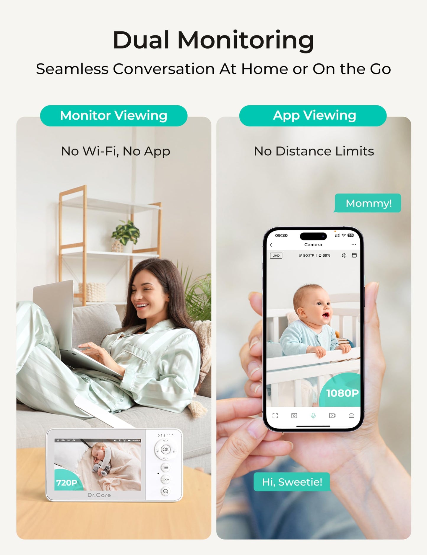 Dr.Care Vistaview Lite Rb Smart Wifi Baby Monitor - 4    720P Split Screen & 1080P Camera App Control, Motion Alerts, 2500Mah Re