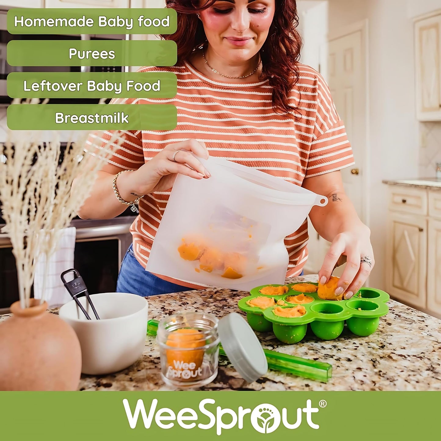 Weesprout Silicone Baby Food Freezer Tray With Clip-On Lid - Perfect Storage Container For Homemade Baby Food, Vegetable & Fruit