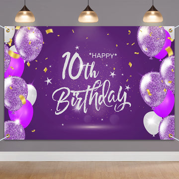 Hamigar 6X4Ft Happy 10Th Birthday Banner Backdrop - 10 Years Old Birthday Decorations Party Supplies For Girls - Purple