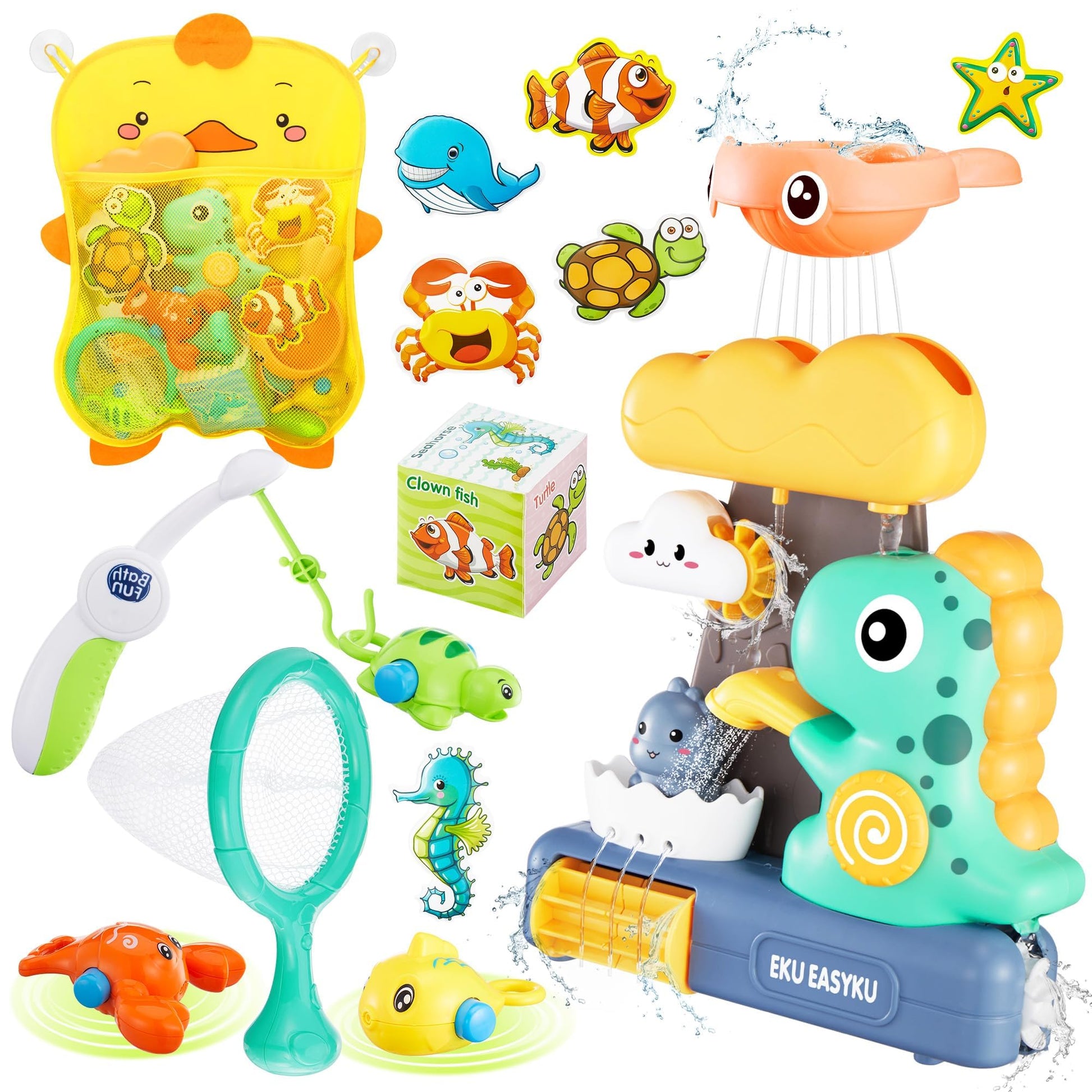 EKUEASYKU Dinosaur Bath Toys for Toddlers Shower Bath Time Fishing Games with Ocean Animals Dice Bathtub Toys Tub Gift for Baby 