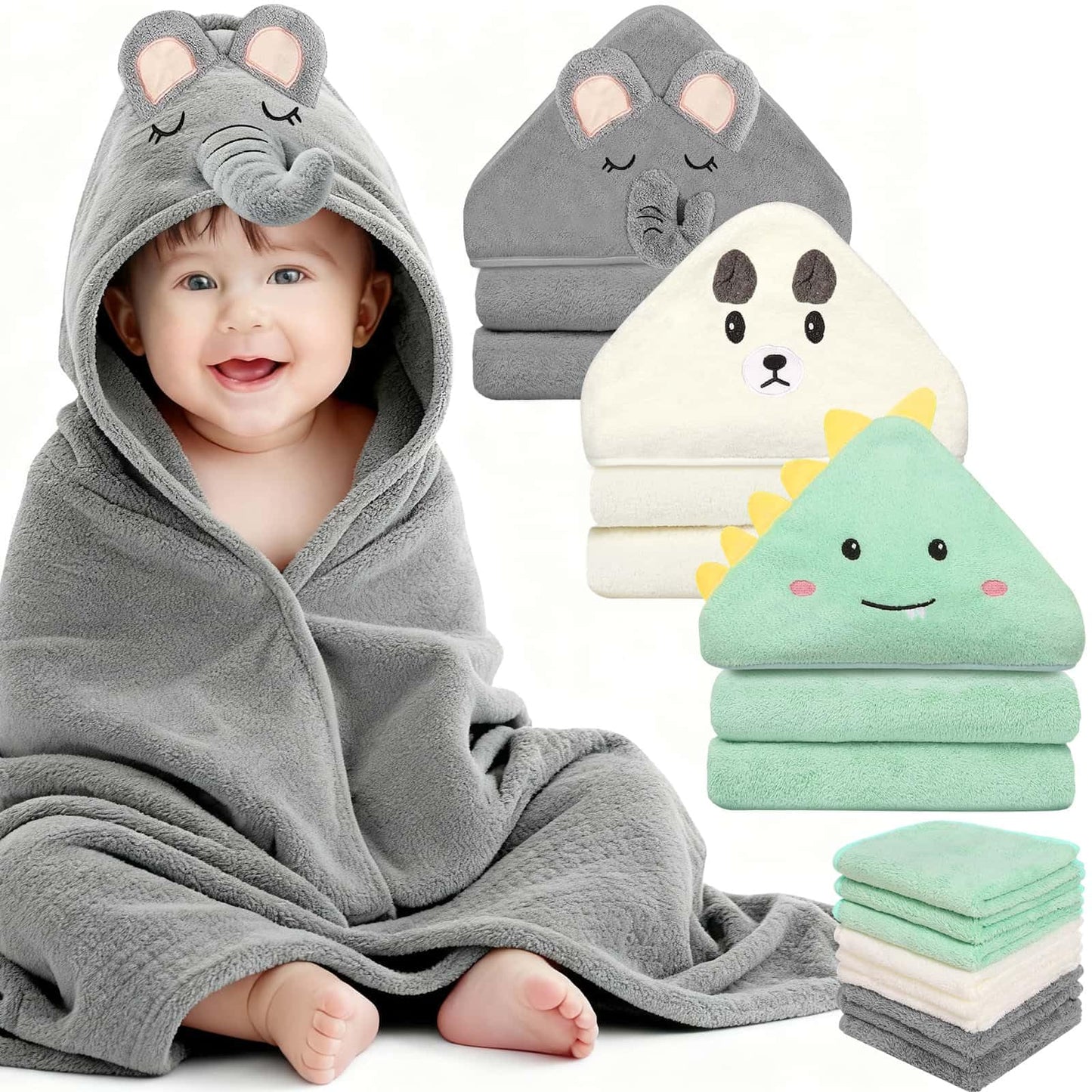 Sublaga 12 Pcs Baby Towels and Washcloths Set, Hooded Baby Towel, Soft and Absorbent Baby Bath Towels, 3 PCS Cute 32x32 in Baby 