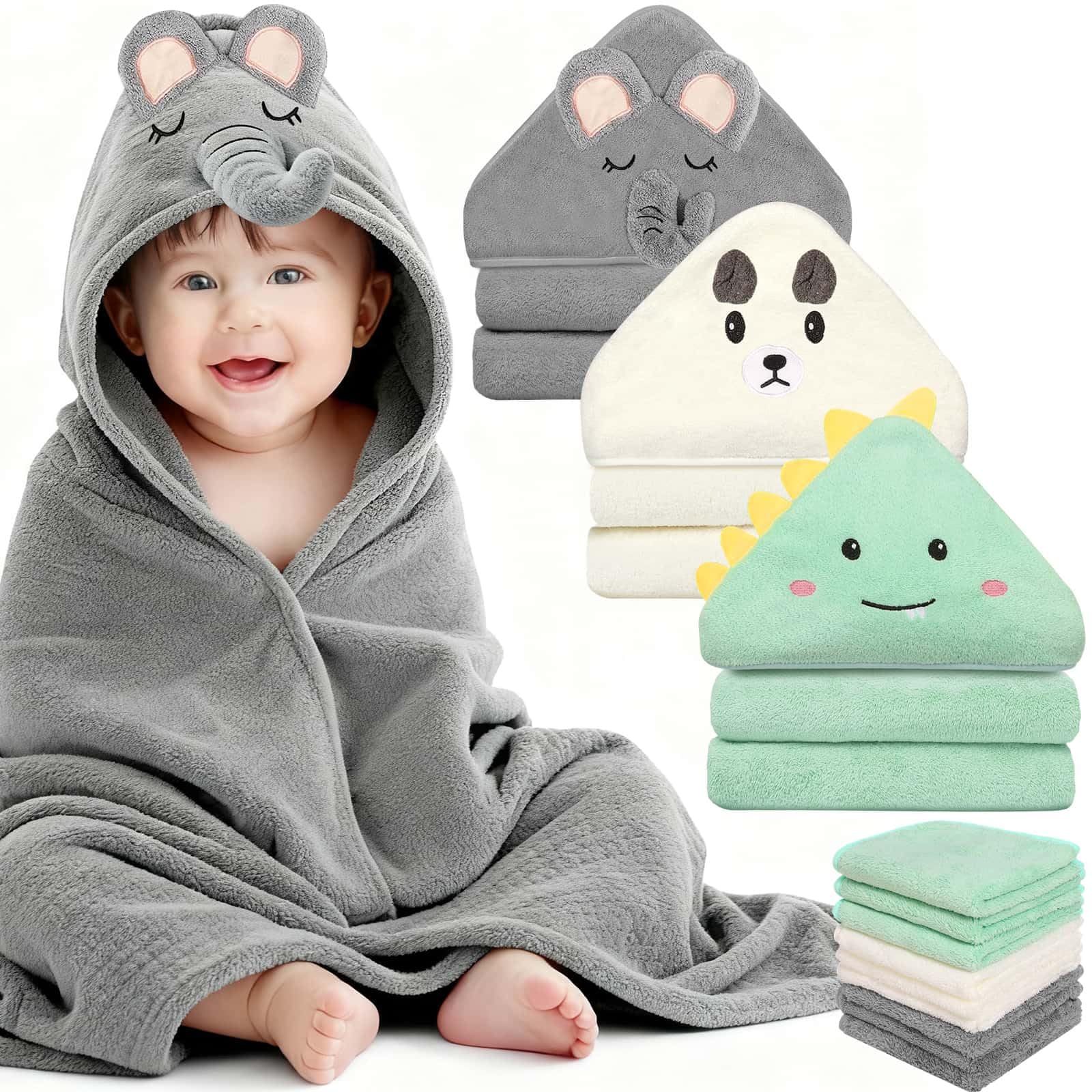 Sublaga 12 Pcs Baby Towels and Washcloths Set, Hooded Baby Towel, Soft and Absorbent Baby Bath Towels, 3 PCS Cute 32x32 in Baby 