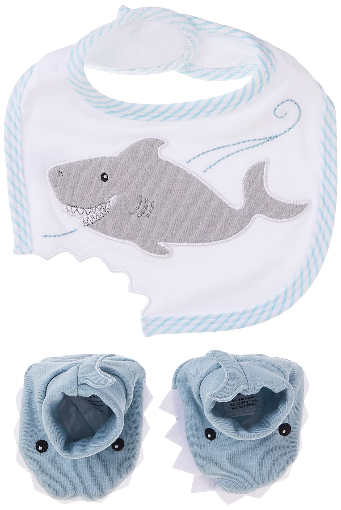 Baby Aspen Shark Bib and Booties Gift Set - Unique Baby Shower Gifts for Boys - 100% Cotton Newborn Bibs and Baby Booties 0-3 Mo