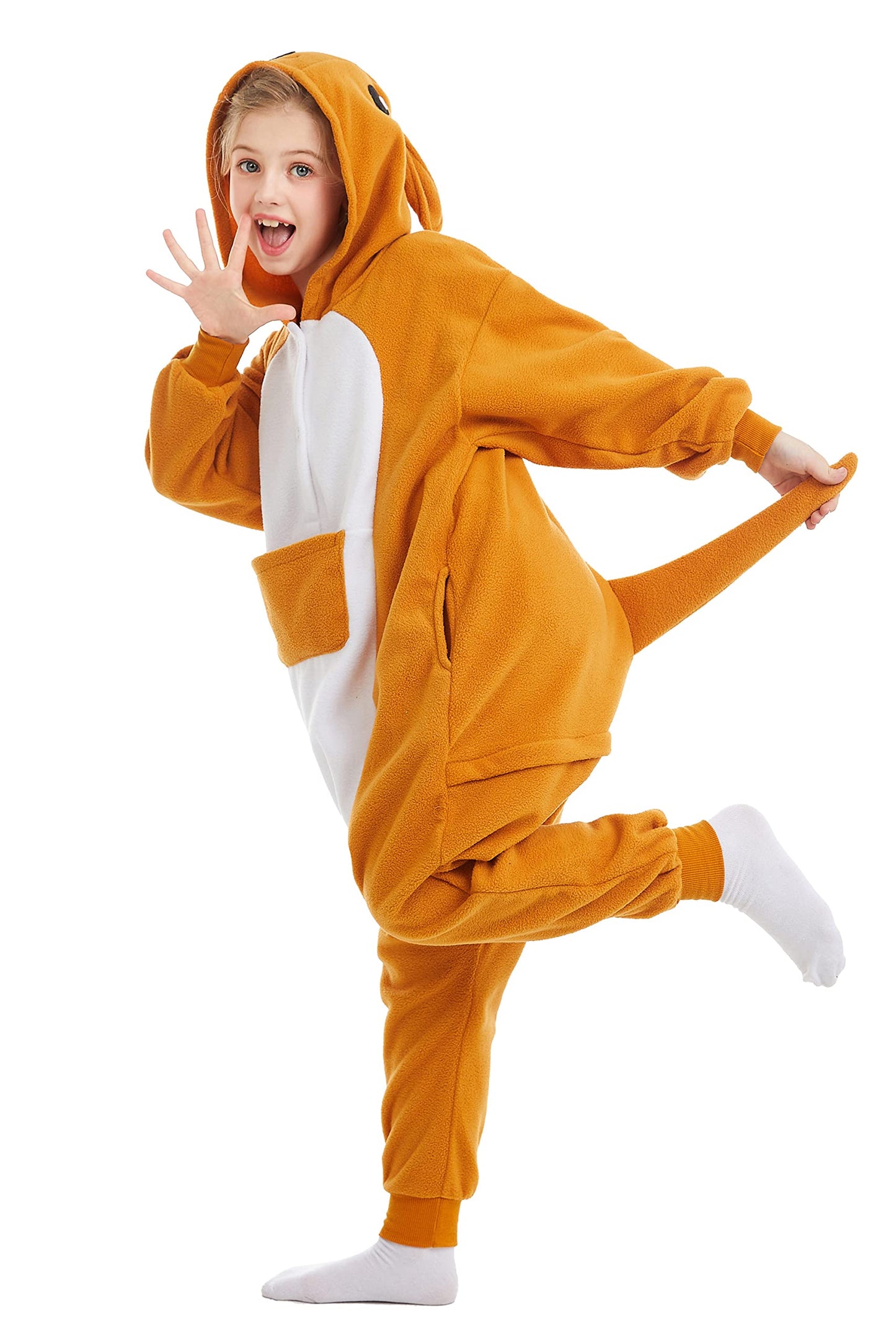 Canasour Kangaroo Onesie Halloween Kids Cosplay Costume For Girls Animal Unisex Outfuit One Piece Hooded Soft Pajamas Orange Par