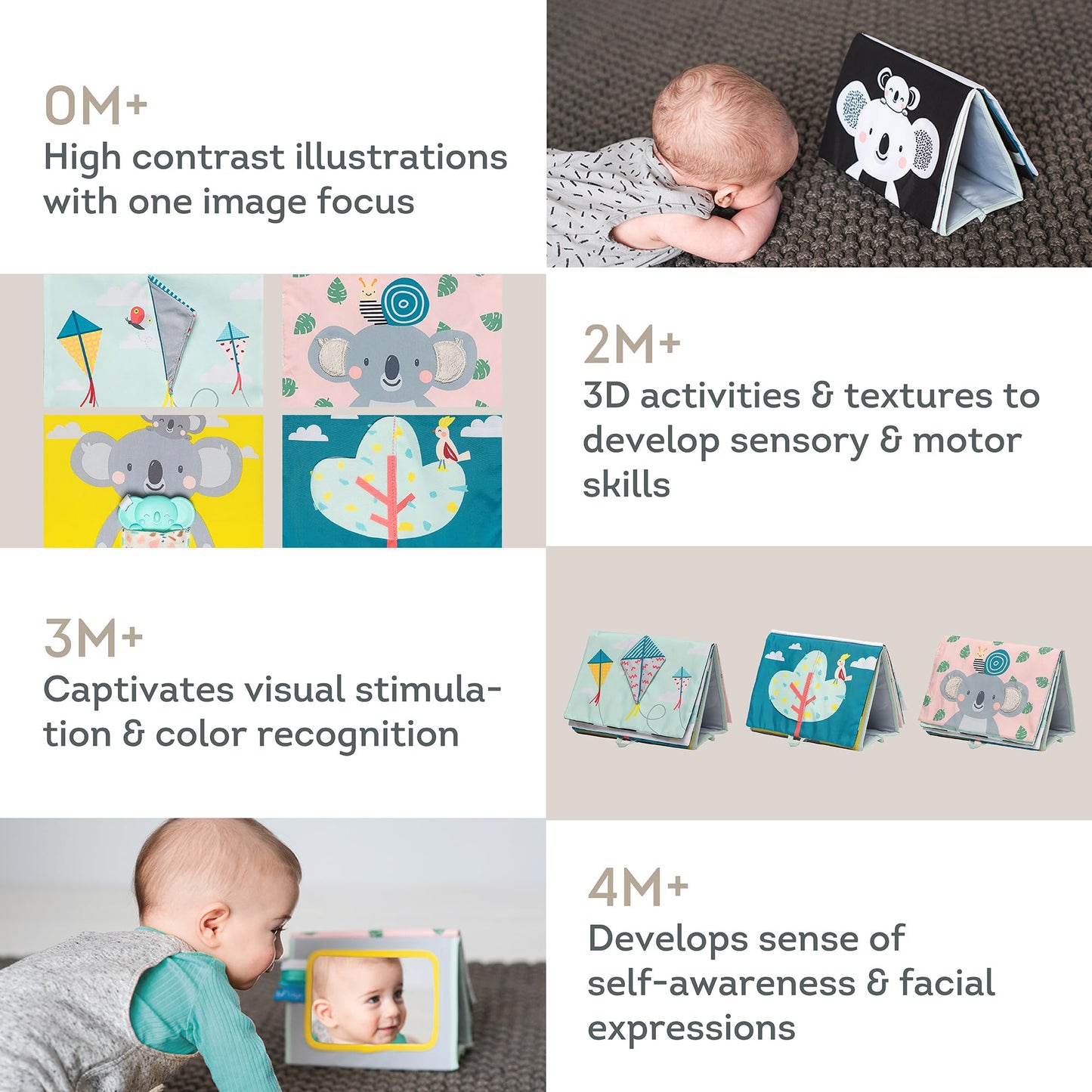 Tummy Time Toys High Contrast Baby Book. Fun, Interactive Crinkle Books for Babies with Baby Tummy Time Mirror & Soft Koala Teet
