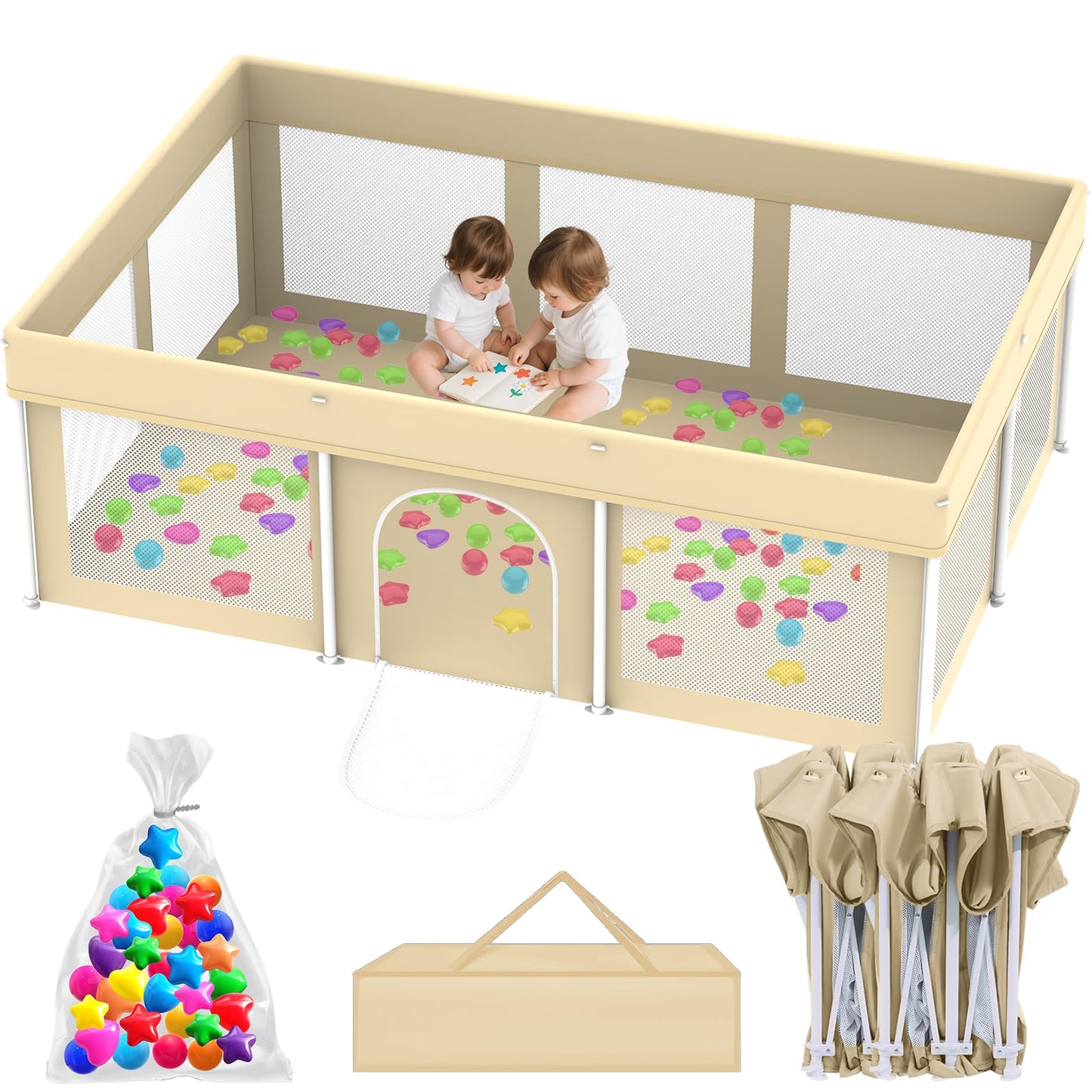 Foldable Large Baby Playpen for Babies and Toddlers, 50  71 Portable Playard with Carry Bag & 100 Ocean Balls, Indoor & Outdoor 