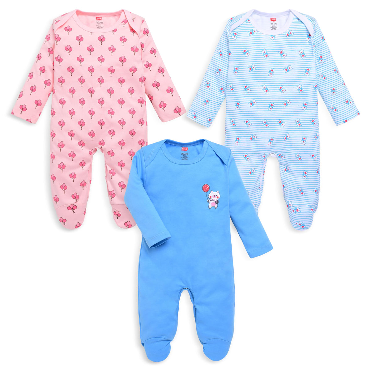 Luvlap Baby Boys And Girls 100% Cotton Full Sleeve Romper/Bodysuit Pack Of 3, White, Pink Rose & Baltic Sea, S (1 To 3 Months)