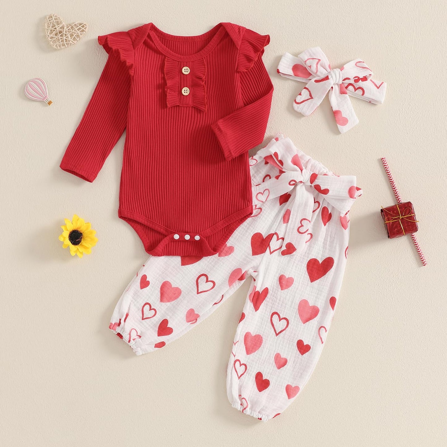 Rtnnsbbfcm Newborn Baby Girl Valentine'S Day Outfit Long Sleeve Ribbed Romper Heart Print Pants Headband 3Pcs Set (Red, 3-6 Mont