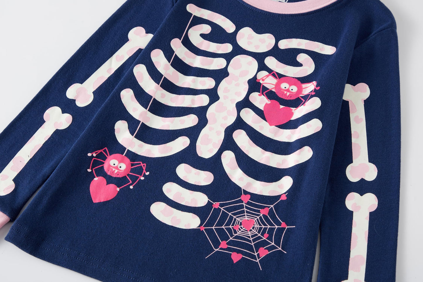 Toddler Girls Skeleton Pajamas Kids 2 Pcs Long Sleeve Glow In The Dark Pjs Girls Halloween Spider Pajamas Set Funny Sleepwear Cl