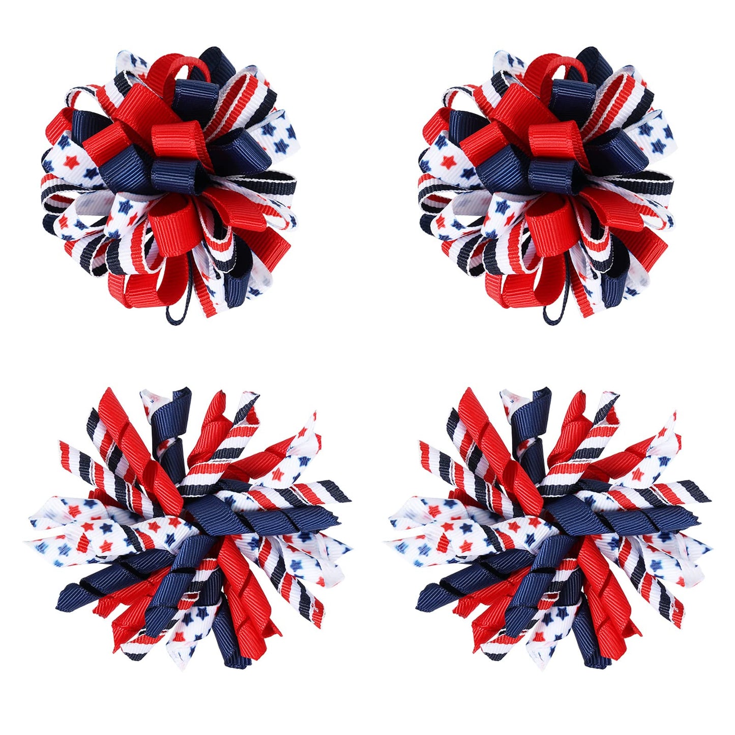 4Th Of July Korker Hair Bow Clips Girls Patriotic Curly Corker Cheer Pompom Loopy Bow Alligator Barrettes Red White Blue Stars S