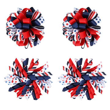 4Th Of July Korker Hair Bow Clips Girls Patriotic Curly Corker Cheer Pompom Loopy Bow Alligator Barrettes Red White Blue Stars S