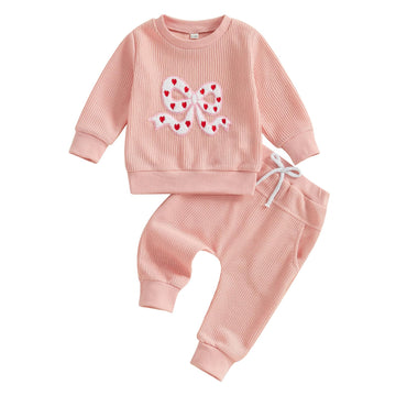 Kupretty Toddler Baby Girl Valentines Day Outfits Heart Waffle Knit Sweatshirts And Pants Set Fall Winter Spring Clothes (Dark P