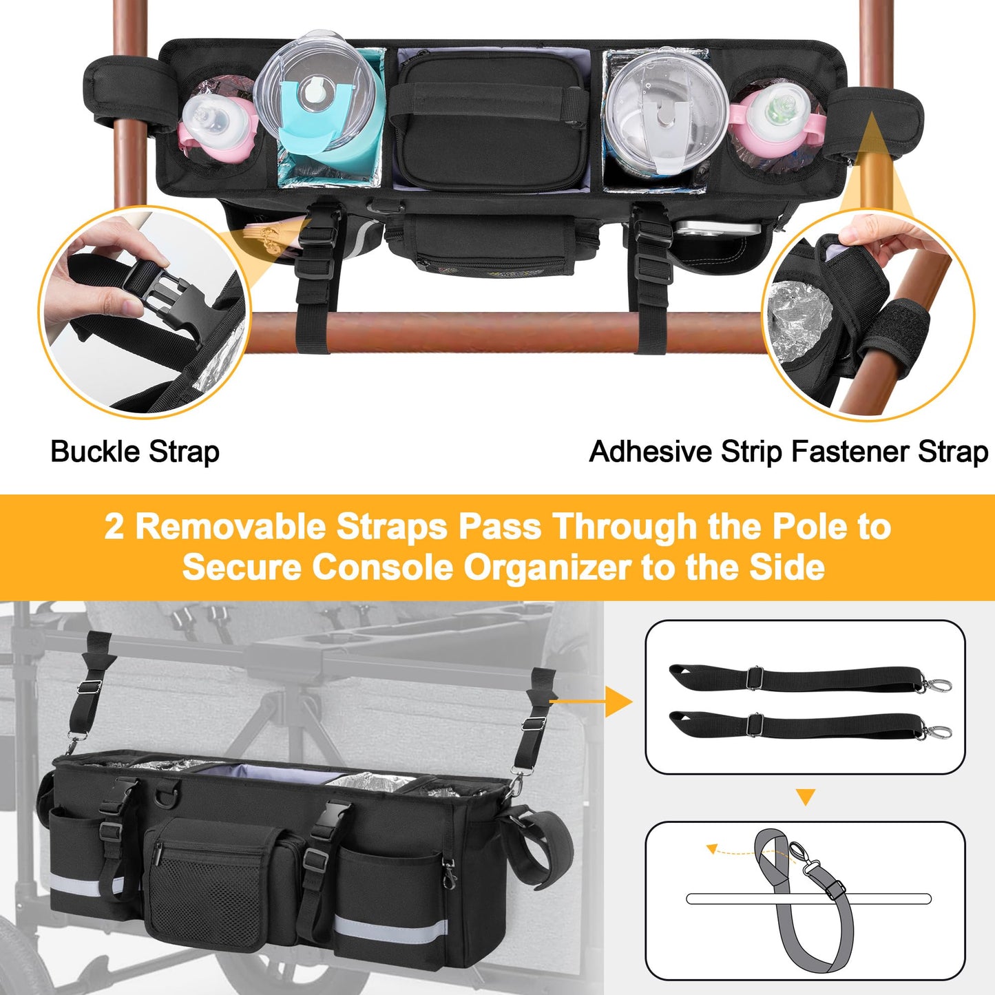 Graoso Parent Console Stroller Organizer Compatible With Wonderfold W4, With Four Insulated Cup Holders, A Removable Cooler Bag,