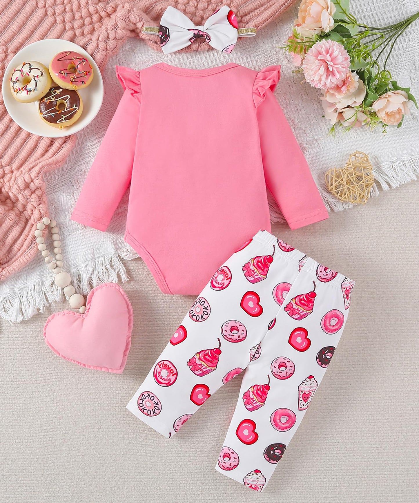 Baby Girl Clothes Gifts Outfits Spring Fall Winter Long Sleeve Romper And Pant Set Pink Cake/Donut 0-3 Months