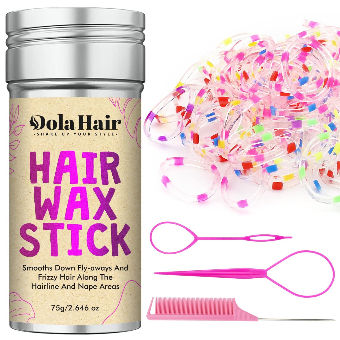 Dolahair Hair Wax Stick & Accessories - Flyaway Control For Kids & Women, 50 Pcs Colorful Elastic Hair Bands, 1 Pcs Slick Back H
