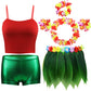 7 Pcs Leaf Hula Skirt And Hawaiian Leis Set Hibiscus Flowers Necklace Bracelet Headband Vest Shorts Hawaiian Costumes Party (Kid