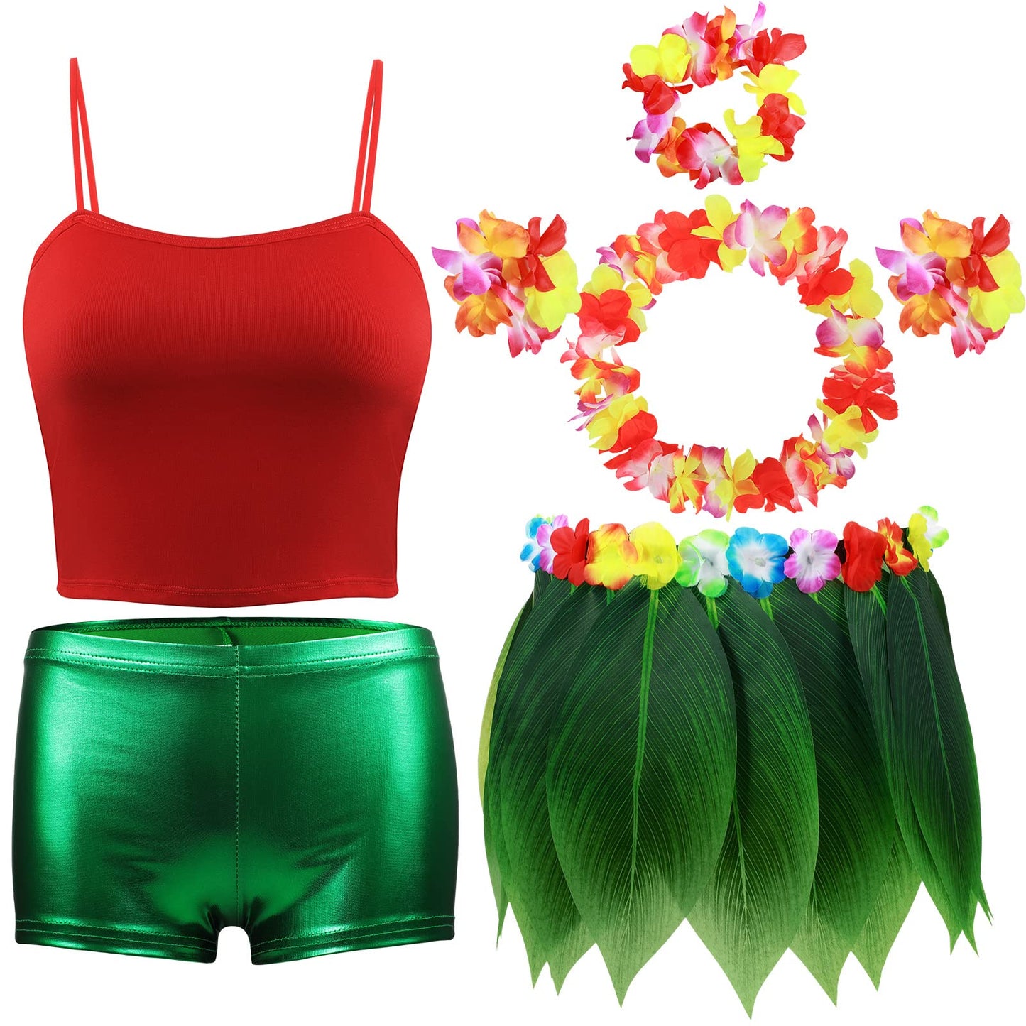 7 Pcs Leaf Hula Skirt And Hawaiian Leis Set Hibiscus Flowers Necklace Bracelet Headband Vest Shorts Hawaiian Costumes Party (Kid