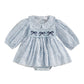 Mieeyali Newborn Baby Girl Clothes Floral Smocked Bubble Romper Dress Little Girl Bow Skirted Bodysuit Fall Winter (Blue, 0-3 Mo