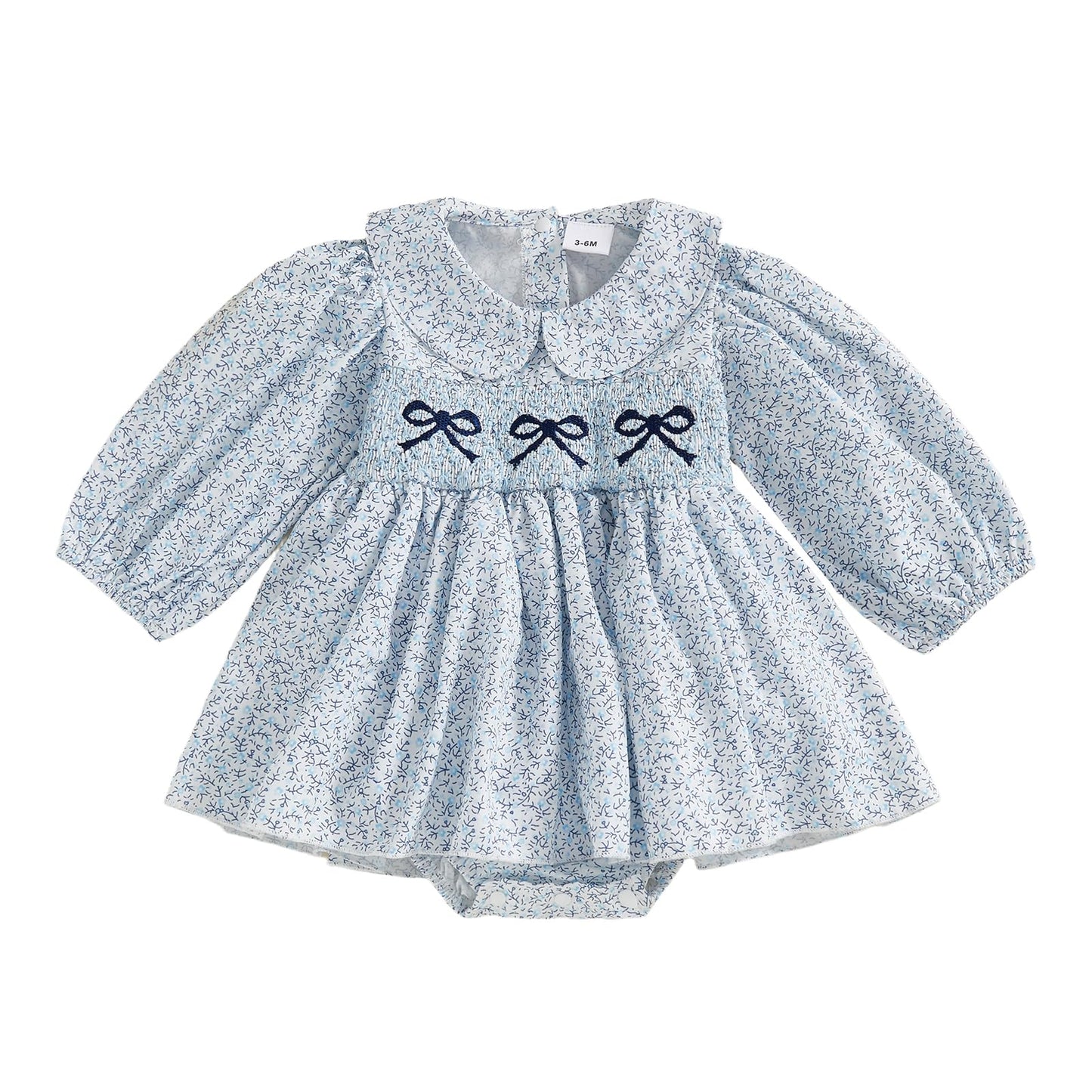 Mieeyali Newborn Baby Girl Clothes Floral Smocked Bubble Romper Dress Little Girl Bow Skirted Bodysuit Fall Winter (Blue, 0-3 Mo