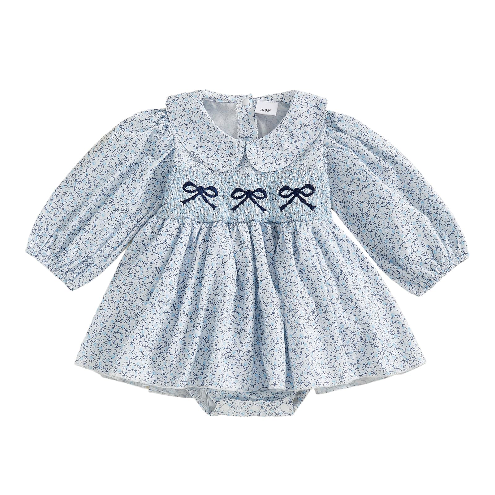Mieeyali Newborn Baby Girl Clothes Floral Smocked Bubble Romper Dress Little Girl Bow Skirted Bodysuit Fall Winter (Blue, 0-3 Mo