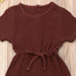 Mubineo Toddler Baby Girl Summer Fall Basic Plain Short Sleeve Cotton Linen Drawstring Romper Jumpsuit (Coffee, 4-5T)