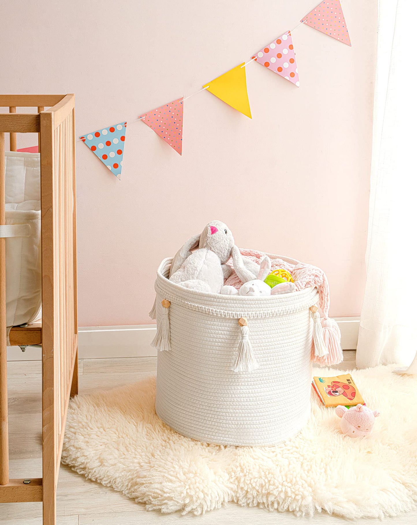 Mkono Macrame Decorative Cotton Rope Basket Boho Cute Woven Tassel Closet Storage Bins Organizer For Nursery,Baby Toys,Blankets,