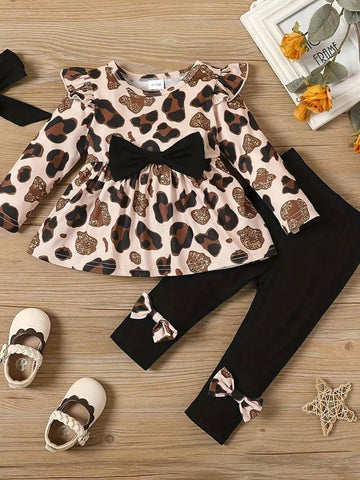 12 Month Girl Clothes Baby Girl Clothes Toddler Girl Outfits Fall Cute Ruffle Leopard Shirt +Solid Black Pants Set Infant Winter
