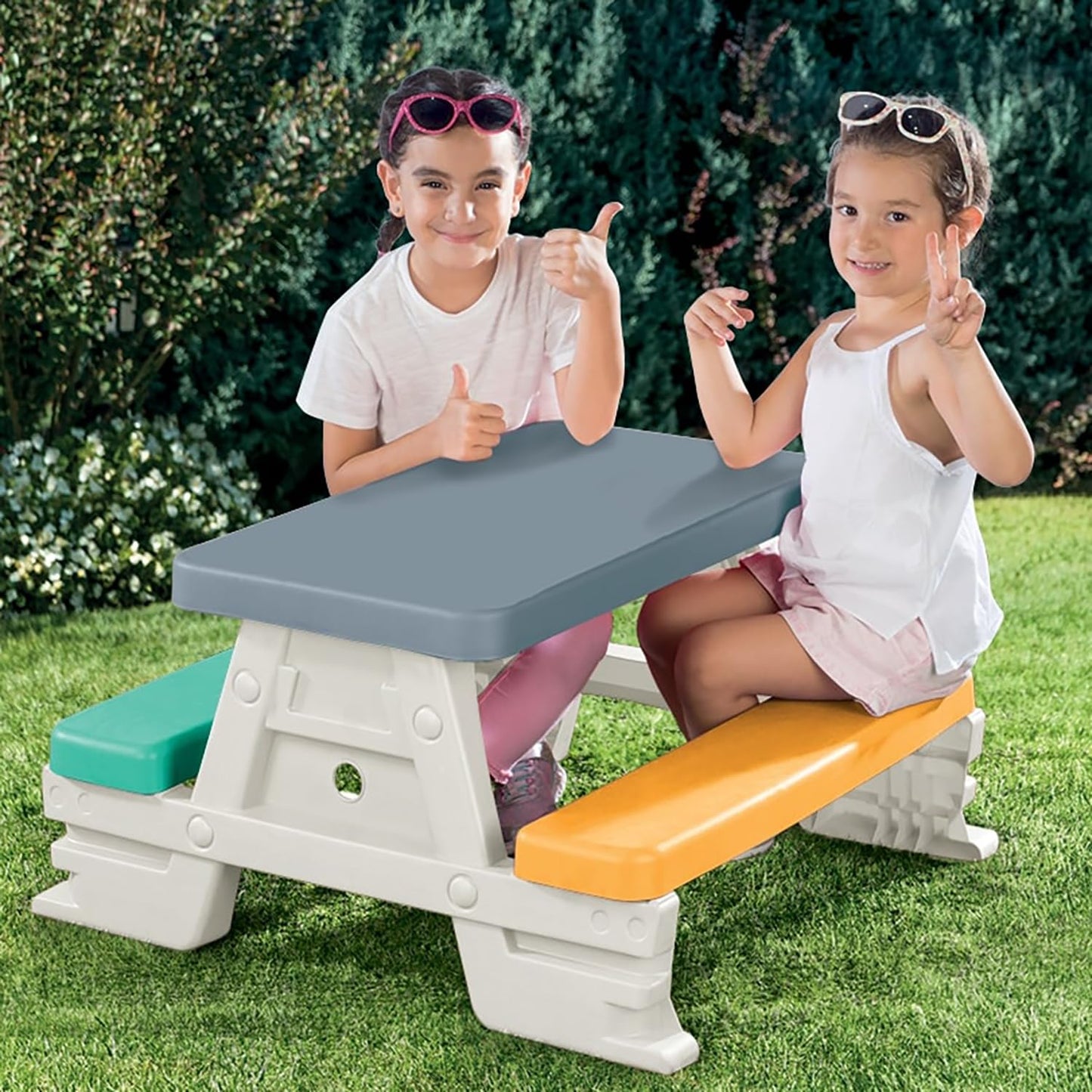 DOLU: Picnic Table for 4: White, Green, Yellow - Indoor/Outdoor, Bench Seating, Durable Waterproof Plastic Toy, 30.3 x 28 x 17,