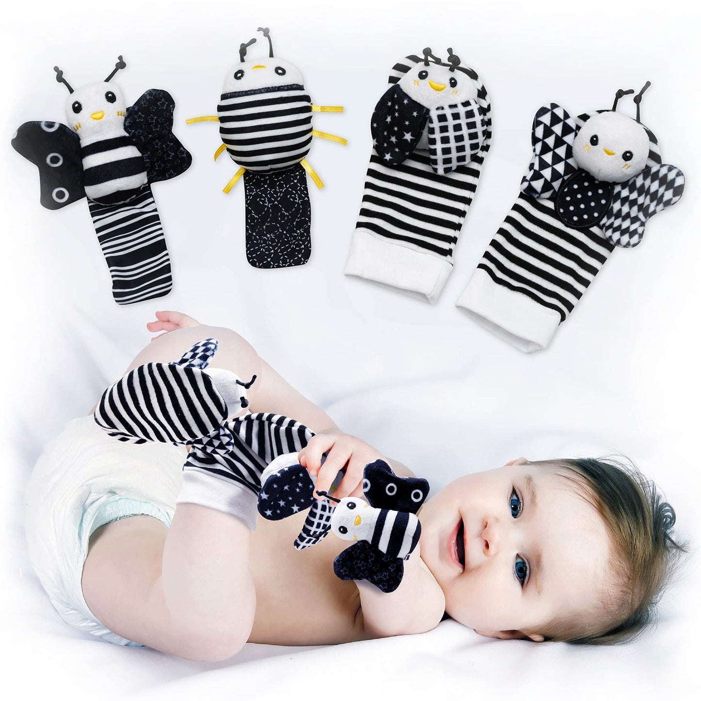 BABY K Baby Rattle Socks & Wrist Toys (Set E) - Newborn Toys for Baby Boy or Girl - Brain Development Infant Toys - Hand and Foo