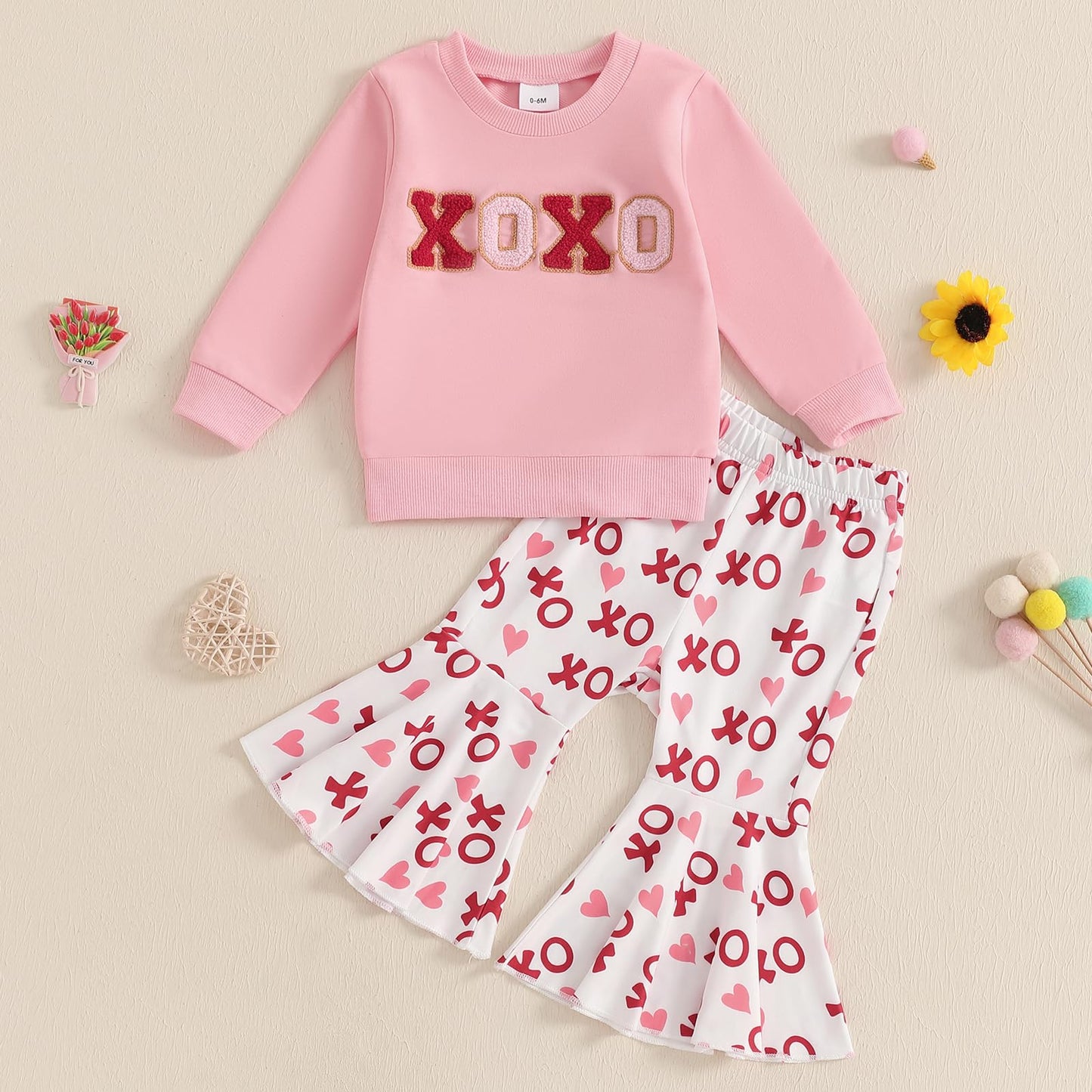 Nokpsedcb Baby Boy Girl Cute Letter Embroidery Long Sleeve Sweatshirt And Elastic Long Pants Toddler Valentine Outfits (Pink Xox