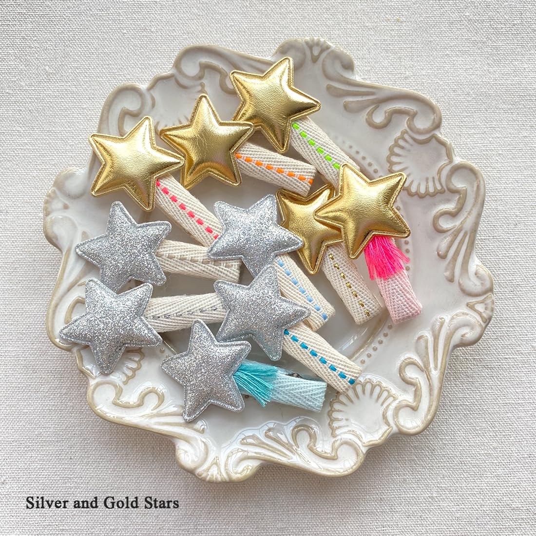 Golden And Silver Stars Hair Clips With Tassels For Girls, 10Pcs Non Slip Cotton Fully Lined Hair Pins Accessories For Babies In