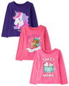 The Children'S Place Baby Girls' Dino Long Sleeve Graphic T-Shirts, Unicorn/Dad Bear/Mama 3-Pack