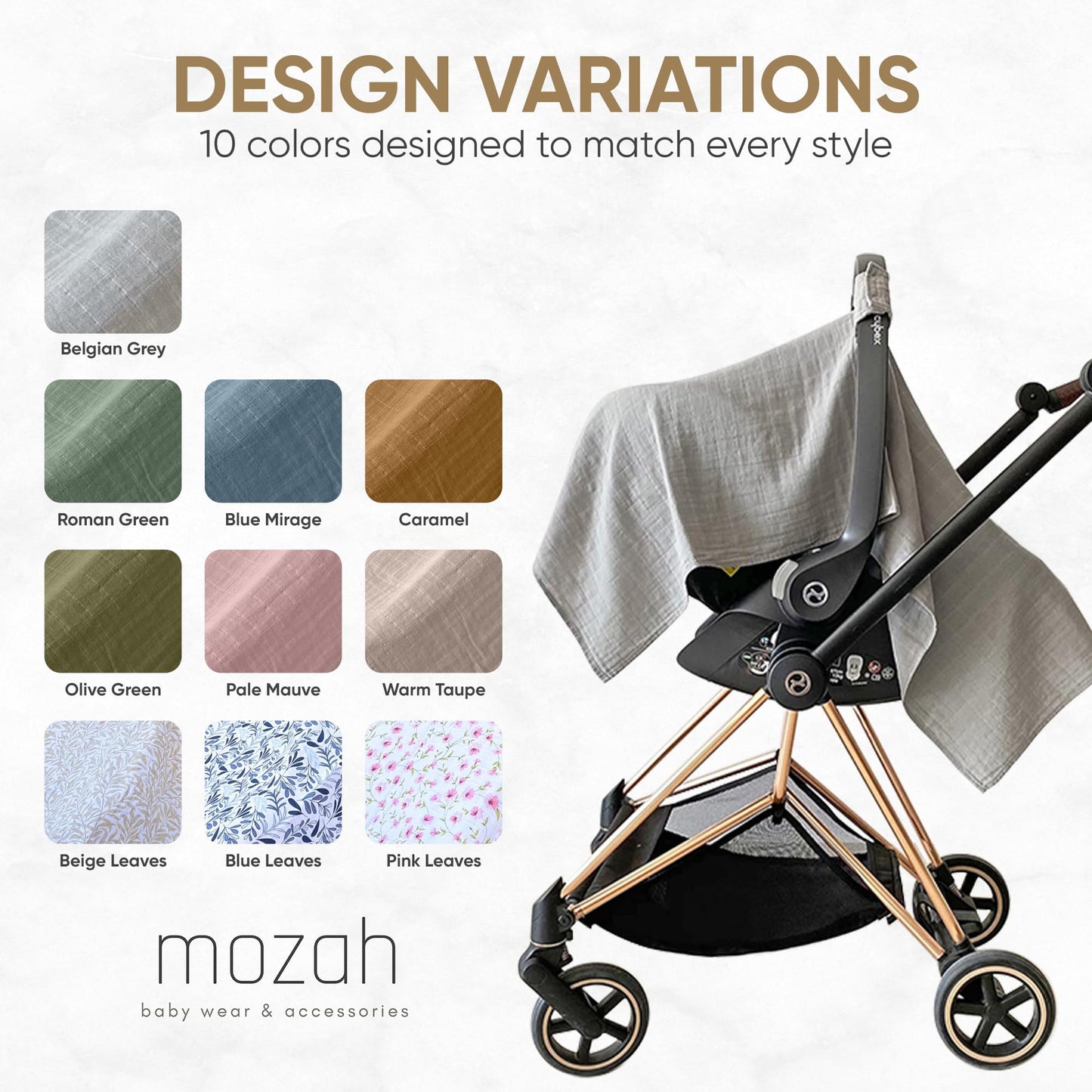 Mozah 100% Organic Muslin Car Seat Covers For Babies Baby Car Seat Covers For Girls (Belgian Grey)