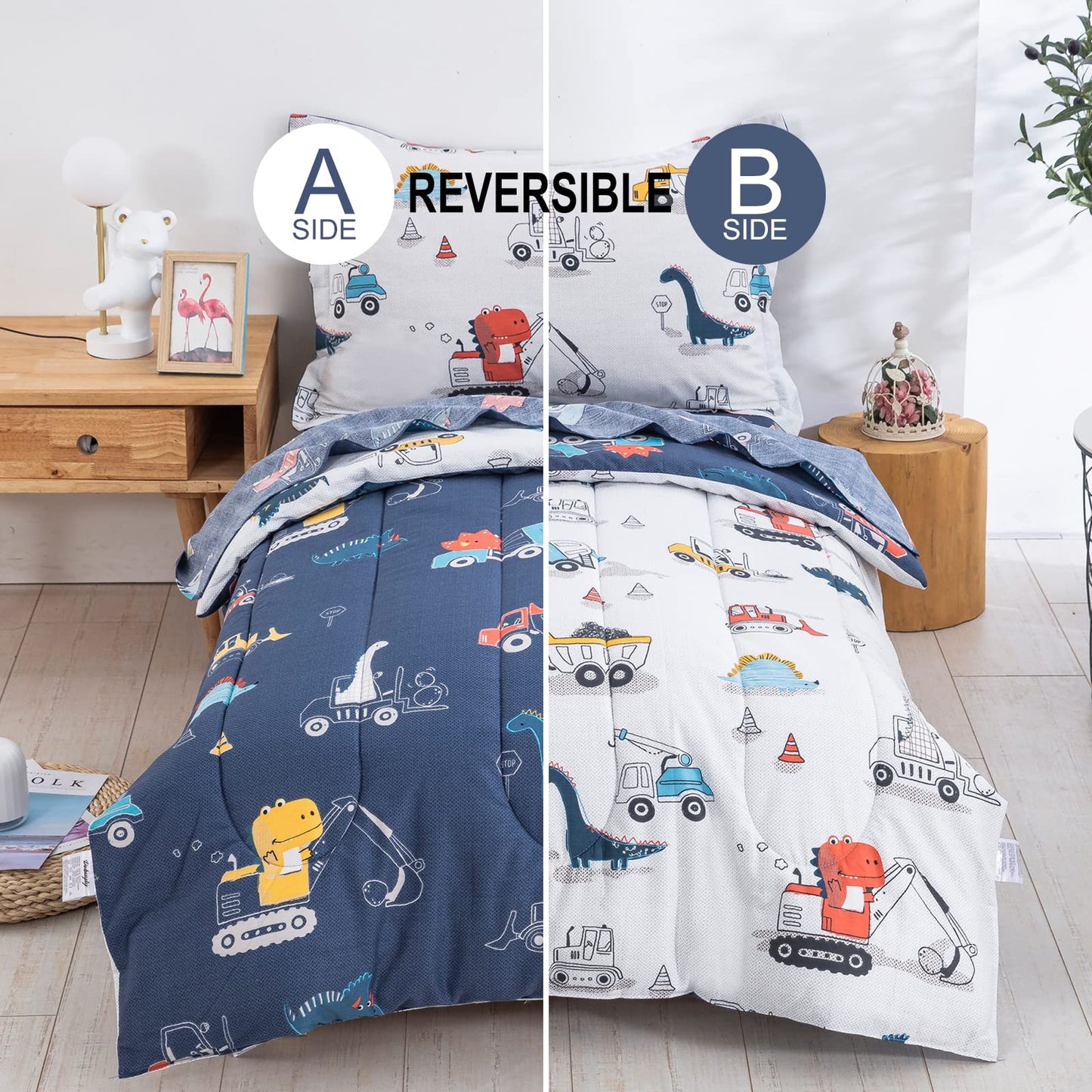 Djy 4 Pieces Cotton Toddler Bedding Set, Dinosaur Cars Reversible Toddler Bed Comforter Set For Kids Boys Girls, Includes Quilte