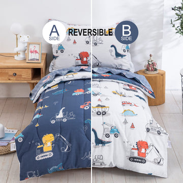 Djy 4 Pieces Cotton Toddler Bedding Set, Dinosaur Cars Reversible Toddler Bed Comforter Set For Kids Boys Girls, Includes Quilte