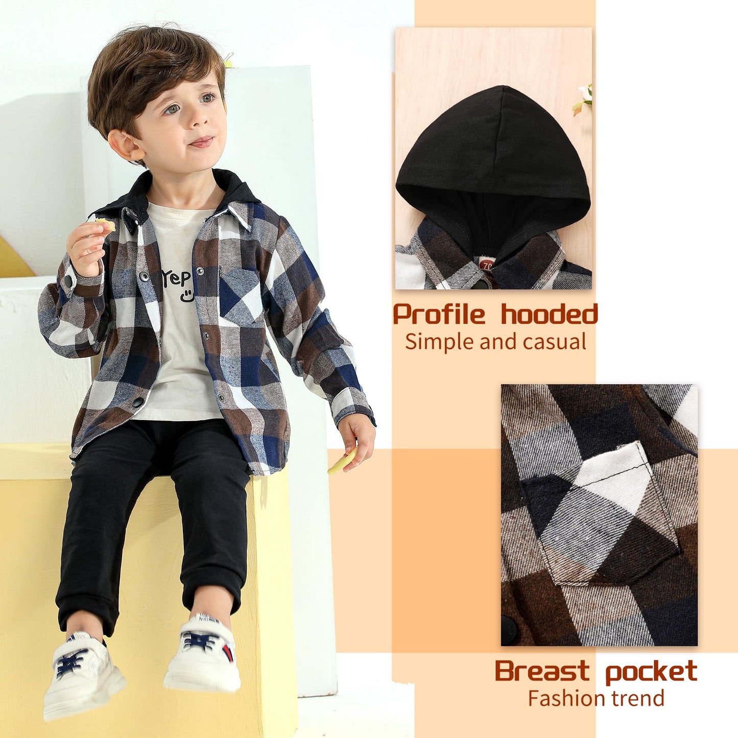 Younger Star Toddler Kidsbaby Boys Hooded Plaid Shirt Classical Shirt Hooded Jacket Fall Winter Clothes (Brown, 18-24 Months)
