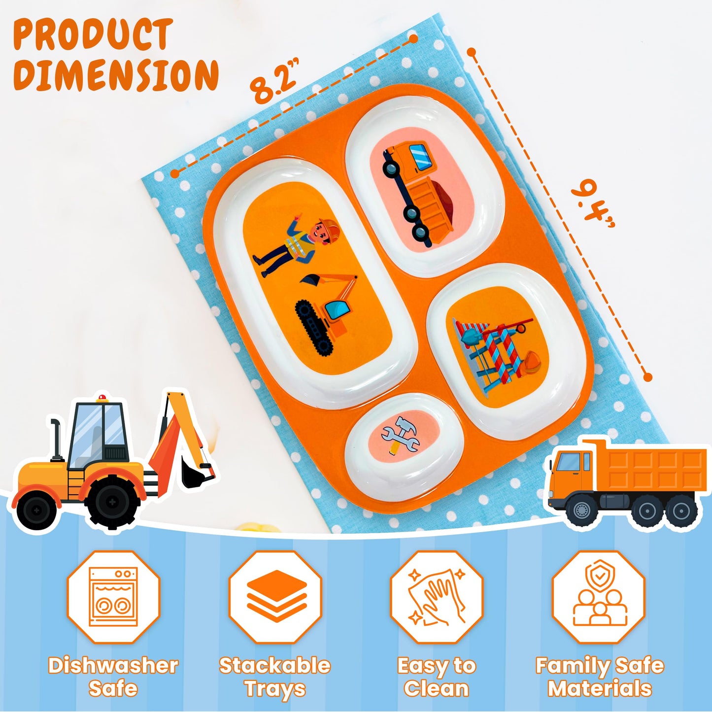4E'S Novelty Set Of 4 Melamine Dinner Plates For Kids Boys - Divided Plates For Picky Eater, Bpa Free, Toddler Eating Essentials