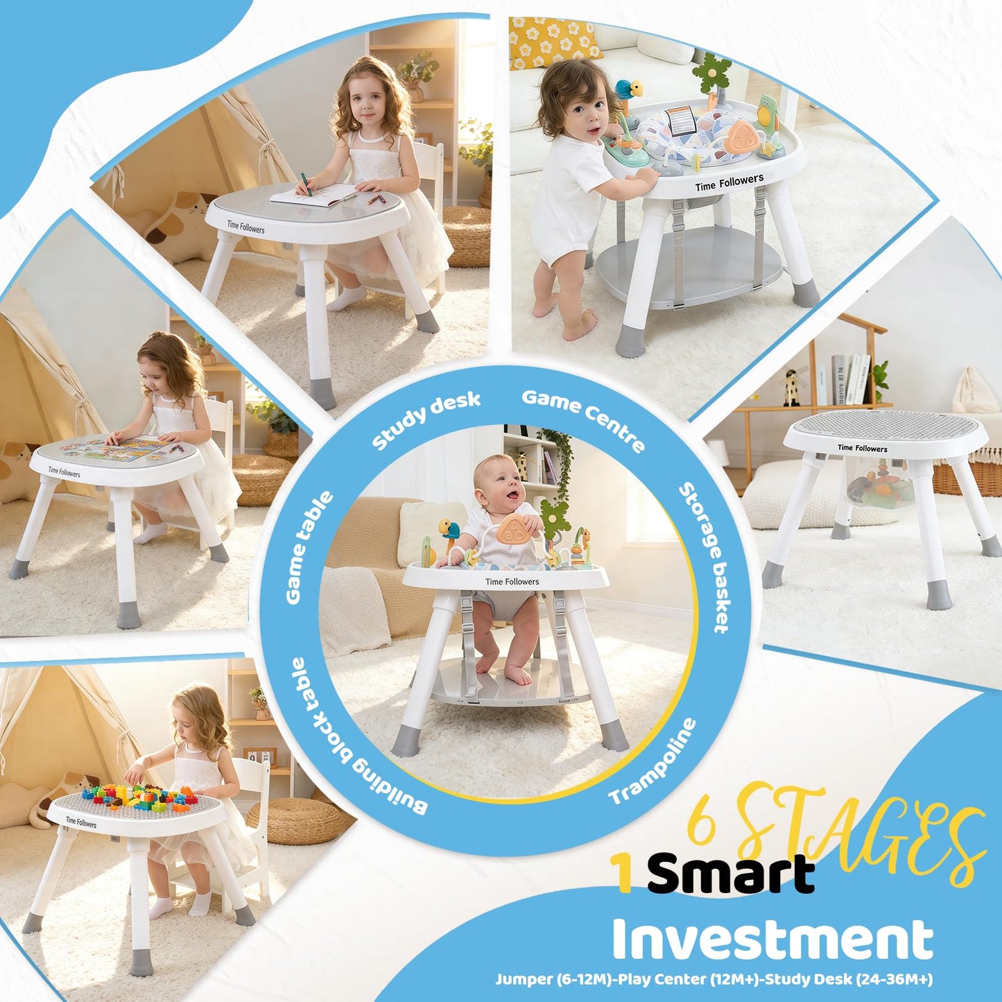 Time Followers 4-in-1 Baby Activity Center | 3 Stage Grow Stationary Standing Toddler Play Table | Tummy Time,Exersaucer, Jumper