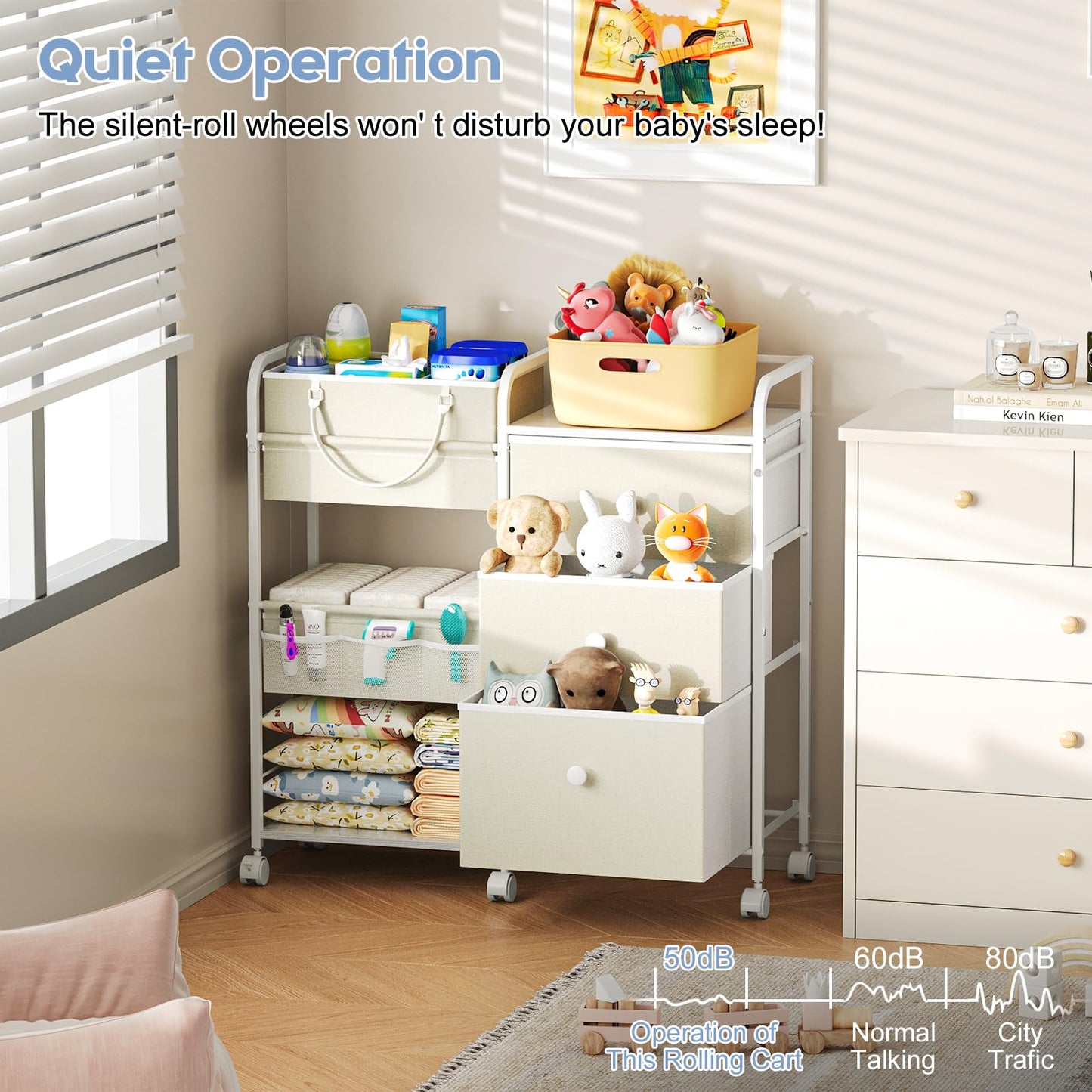 Cidaziya 2In1 Baby Diaper Caddy Organizer and Storage, 3 Tier Rolling Cart with Dividers and Drawers, Mobile Utility Cart Baby D