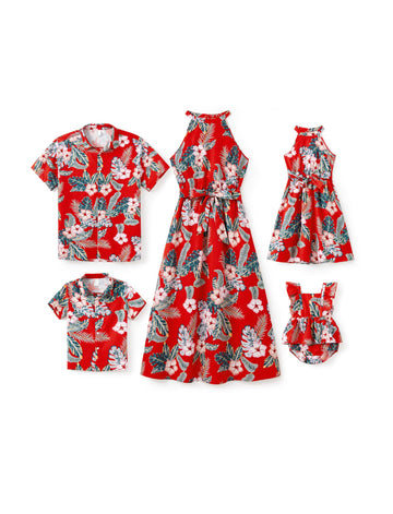 Patpat Matching Family Hawaiian Outfits - Mommy And Me Hawaiian Dress Matching Set Tropical Palm Leaf Print Summer Dress Sundres